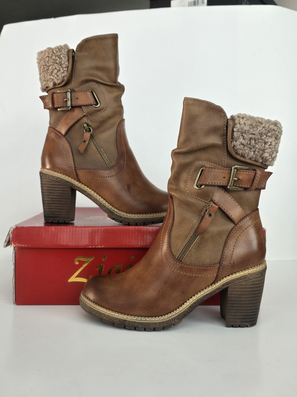 Zigi Soho Brown Faux-Leather Fur-Trim Mid Heel Boots